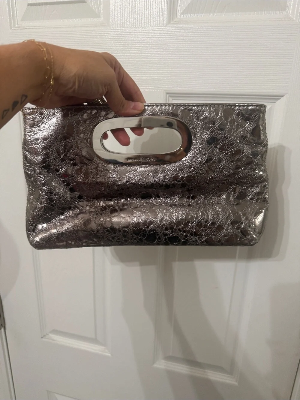 Michael Kors Metallic Silver Textured Handheld Clutch